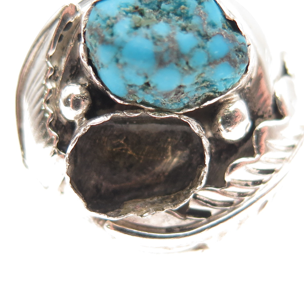 Old Pawn 925 Sterling Vintage Turquoise Feather Ring Size 13 (missing 1 stone)