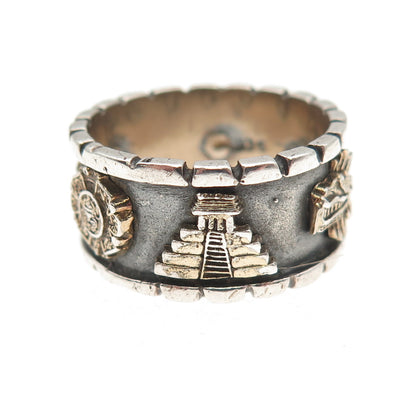 925 Sterling Silver 2-Tone Vintage Mayan Oxidized Band Ring Size 8.5