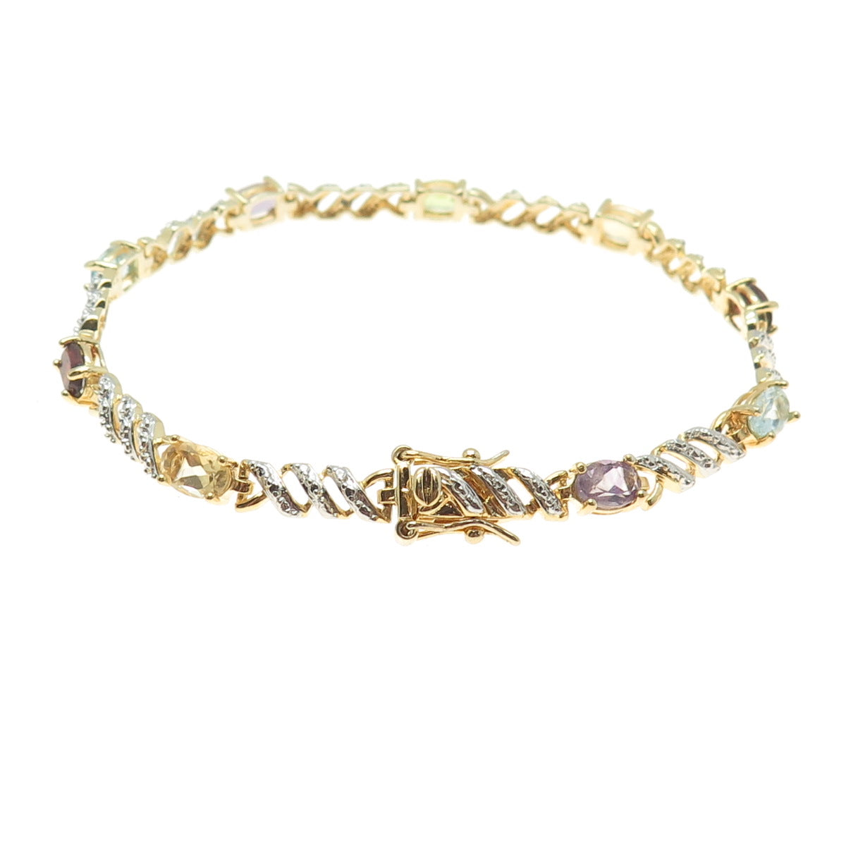 ROSS SIMONS 925 Sterling Silver 2-Tone Multi-Color Gem "X" Link Bracelet 7.25"