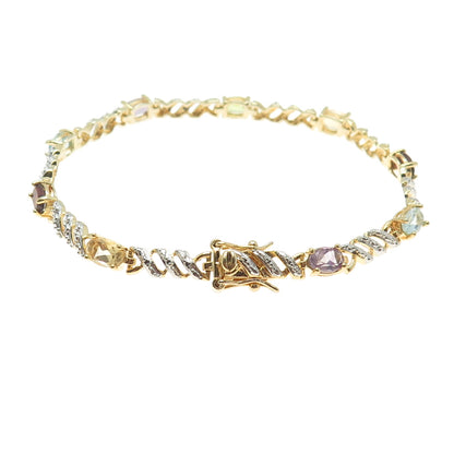 ROSS SIMONS 925 Sterling Silver 2-Tone Multi-Color Gem "X" Link Bracelet 7.25"