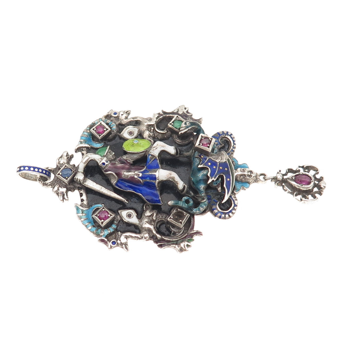 Antique Austro-Hungarian Silver Enamel Multi-Color Gem Pendant (missing 1 stone)