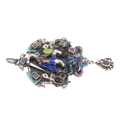 Antique Austro-Hungarian Silver Enamel Multi-Color Gem Pendant (missing 1 stone)
