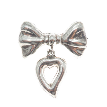 925 Sterling Silver Vintage Mexico Bow Open Heart Dangle Oxidized Brooch/Pendant