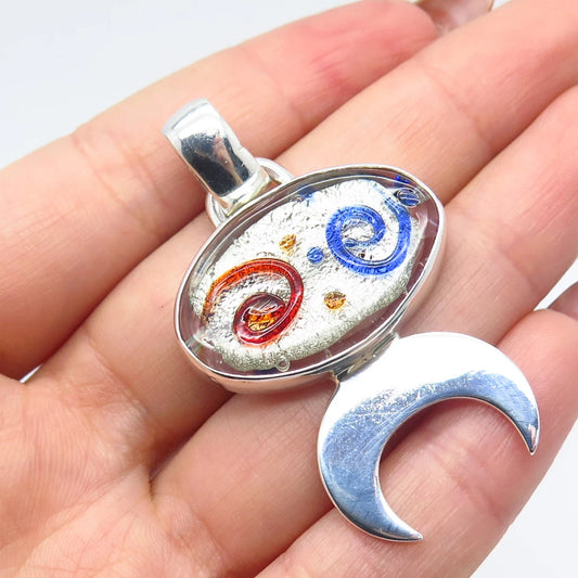 925 Sterling Silver Vintage Colorful Enamel Modernist Pendant