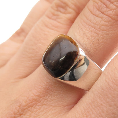 925 Sterling Silver Vintage Mexico Real Tiger Eye Modernist Ring Size 11.25