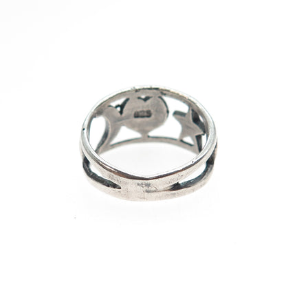 925 Sterling Silver Vintage Star Heart & Crescent Oxidized Ring Size 5