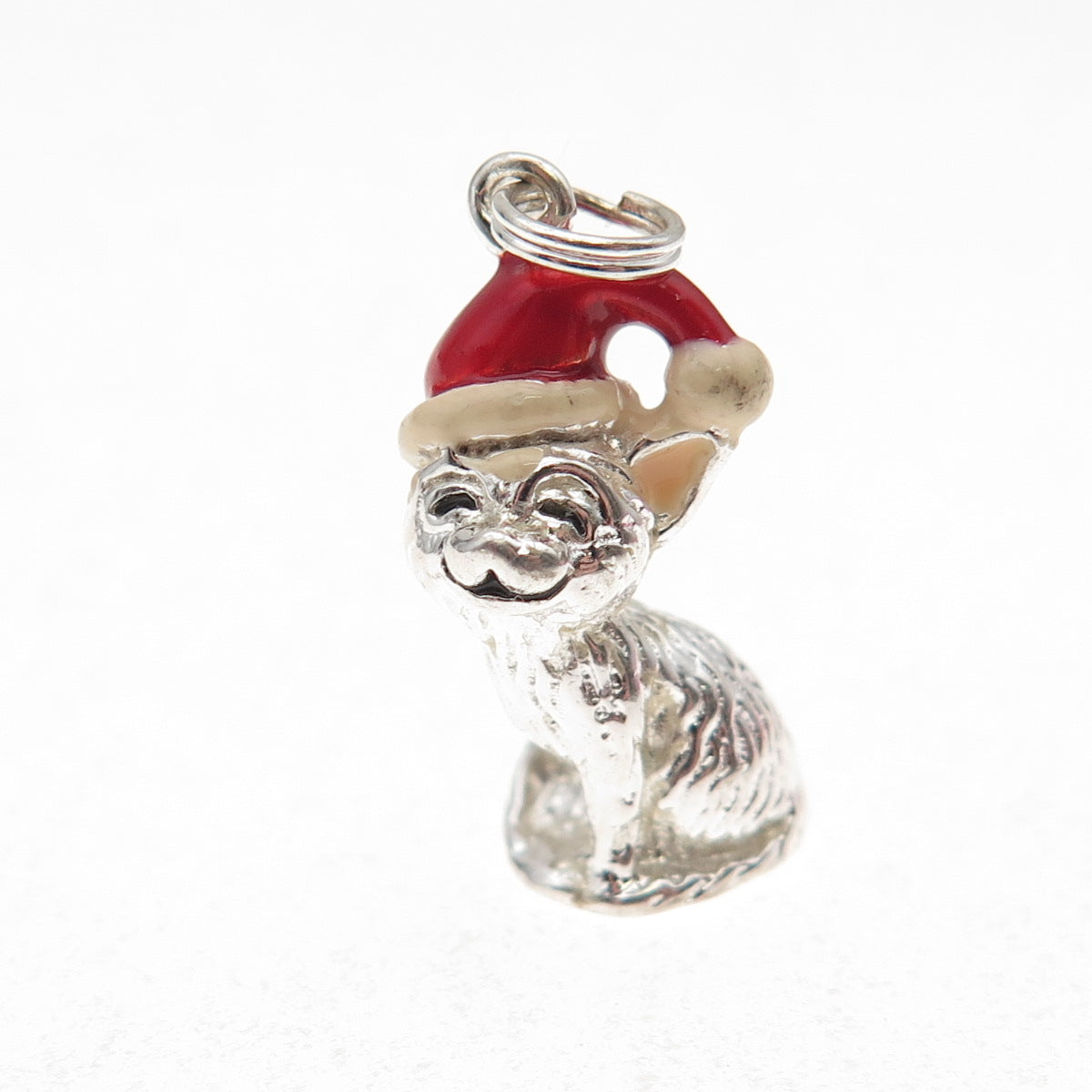 Jezlaine 925 Sterling Silver Vintage Enamel Christmas Kitten 3D Charm Pendant