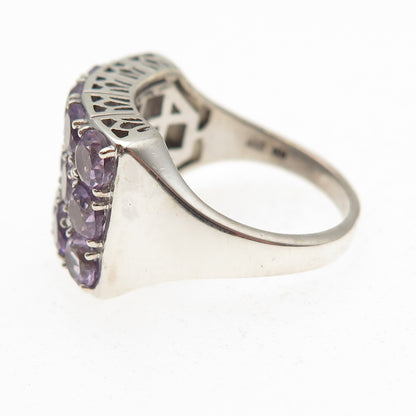 925 Sterling Silver Vintage Real Round-Cut Amethyst Cluster Ring Size 8