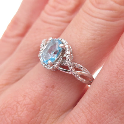 925 Sterling Silver Real Diamond & Blue Topaz Ring Size 7