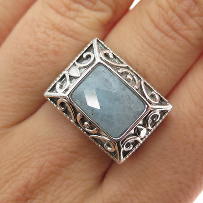925 Sterling Silver Vintage Real Aquamarine Swirl Oxidized Ring Size 7