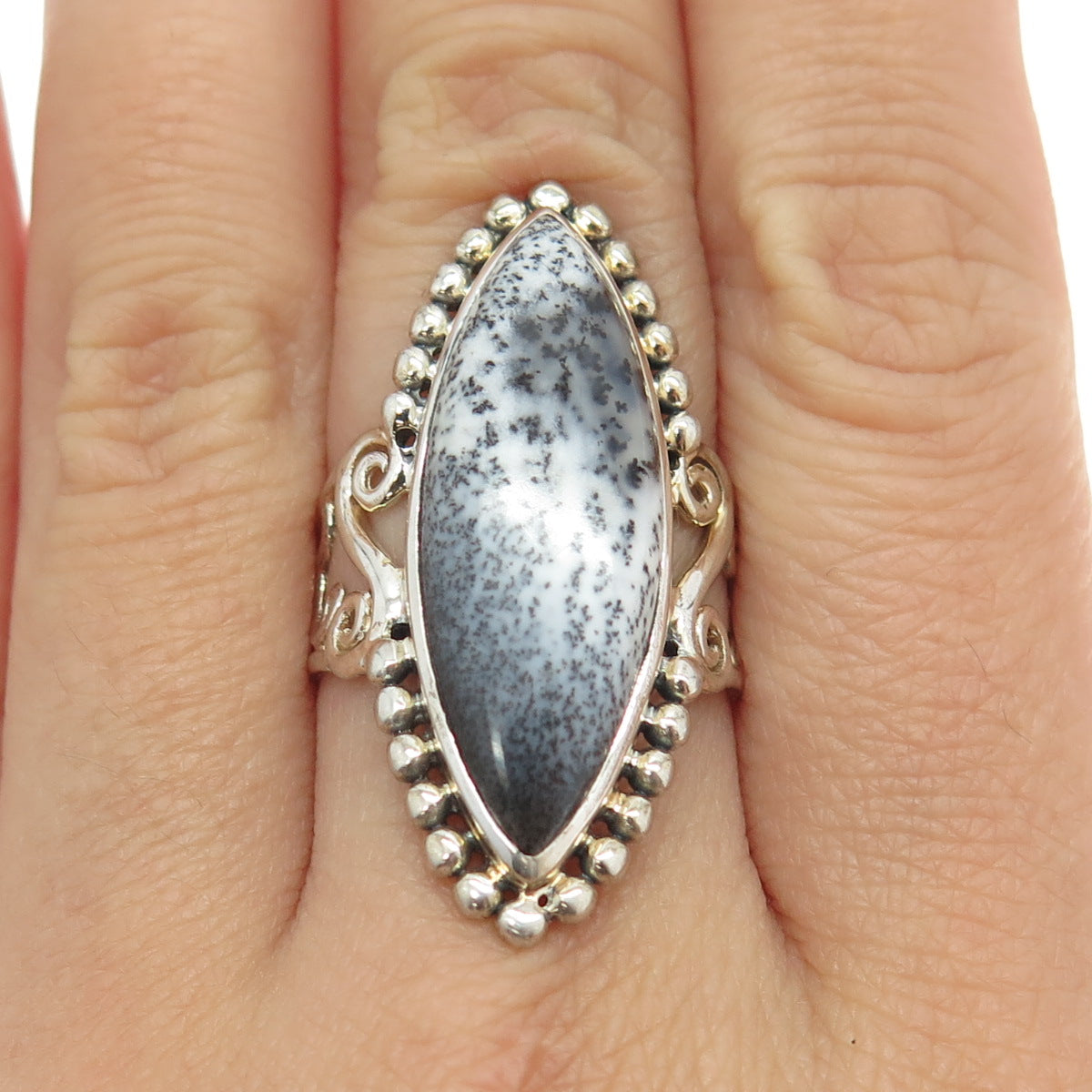 ARYA 925 Sterling Silver Vintage Real Dendritic Agate Gem Statement Ring Size 7