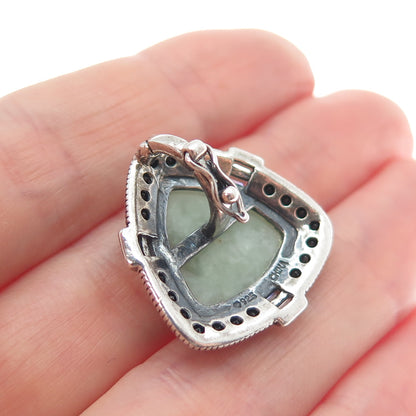 925 Sterling Silver Vintage Real Jade Black Spinel & C Z Triangle Pendant