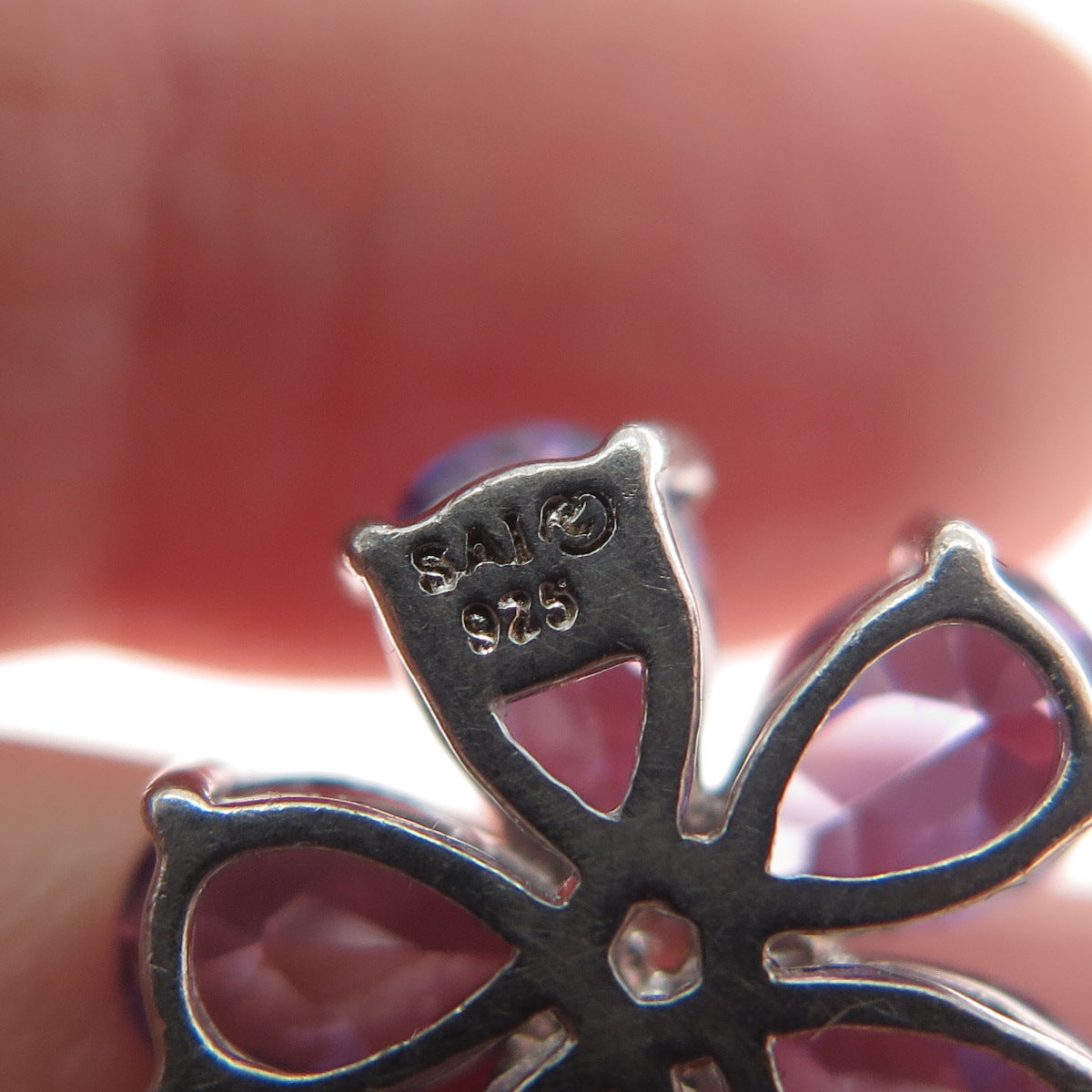 SAMUEL AARON 925 Sterling Silver White & Lavender C Z Flower Slide Pendant