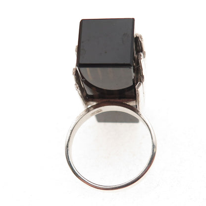 925 Sterling Silver Vintage Real Smoky Quartz Modernist Statement Ring Size 7