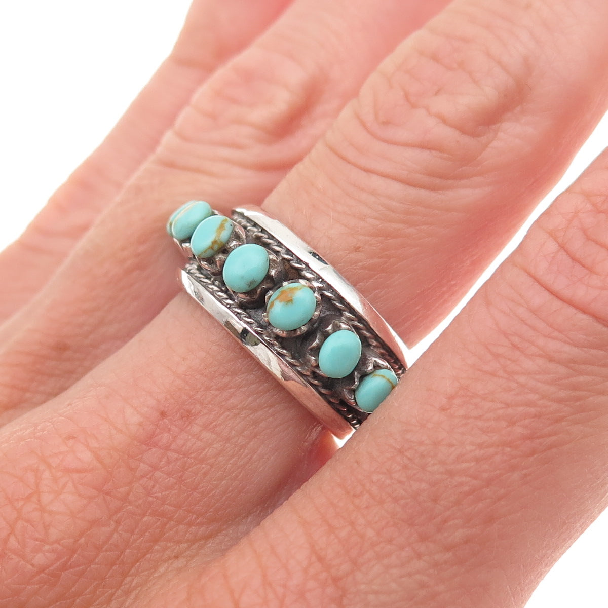925 Sterling Silver Vintage Real Turquoise Oxidized Ring Size 7.25