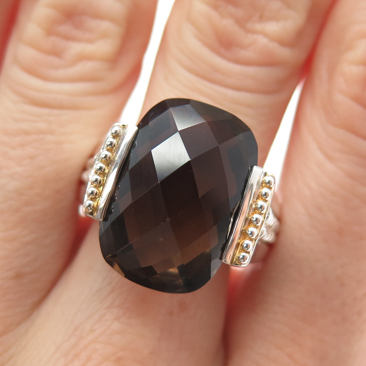 MICHELLE ALBALA Sterling Silver 2-Tone Vintage Real Smoky Quartz Ring Size 9.25