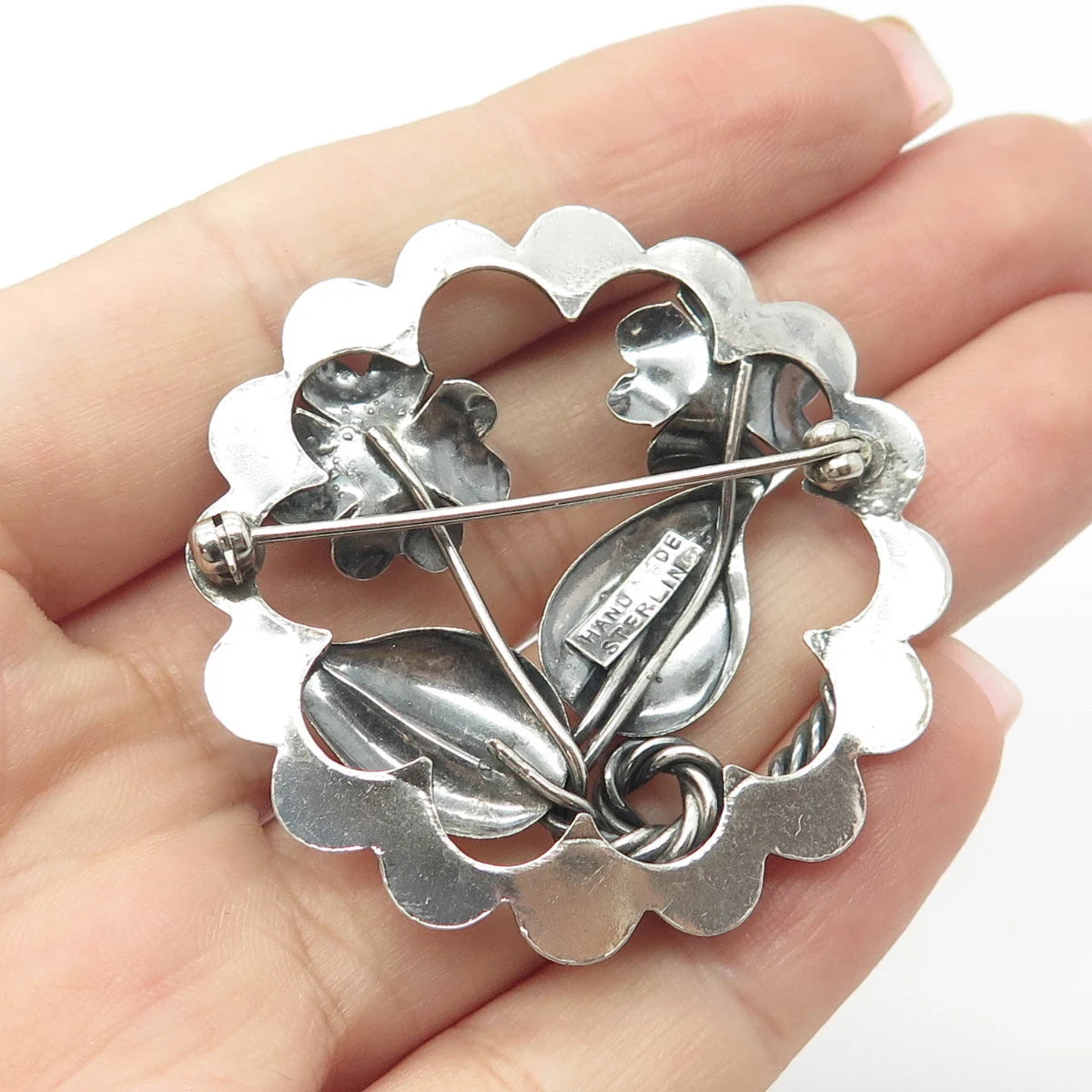925 Sterling Silver Vintage Hand Made Floral Leaf Pin Brooch
