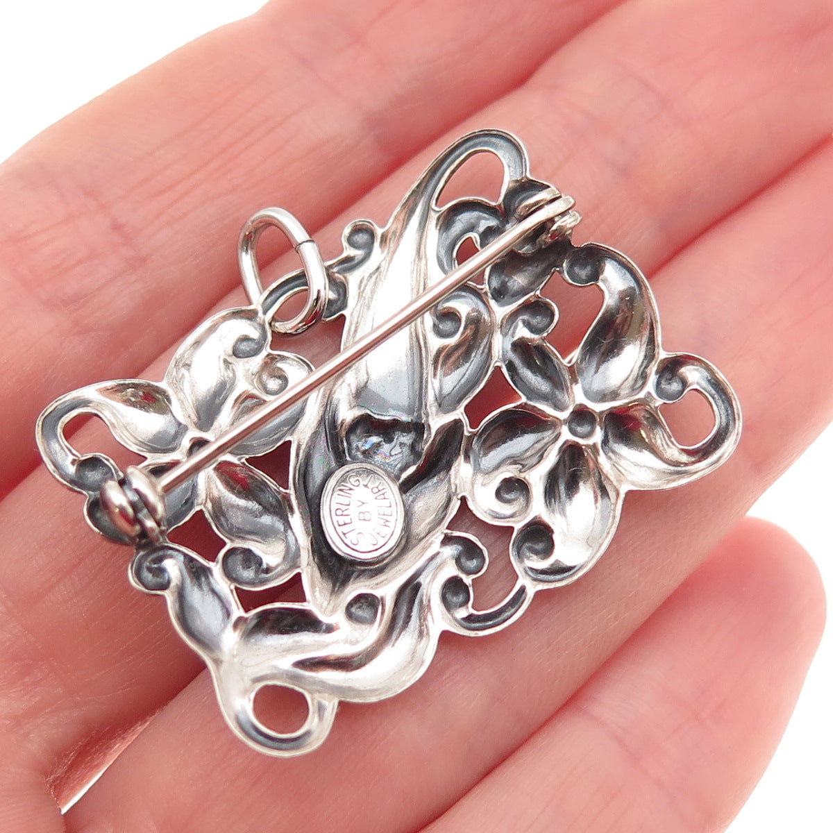 JEWELART 925 Sterling Silver Antique Art Deco Floral Oxidized Pin Brooch
