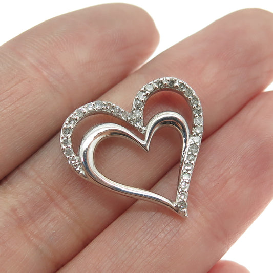 SUN 925 Sterling Silver Real Round-Cut Diamond Double Heart Slide Pendant