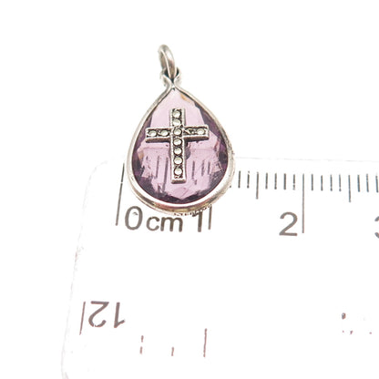 925 Sterling Silver Antique Art Deco Real Amethyst Marcasite Cross Mini Pendant