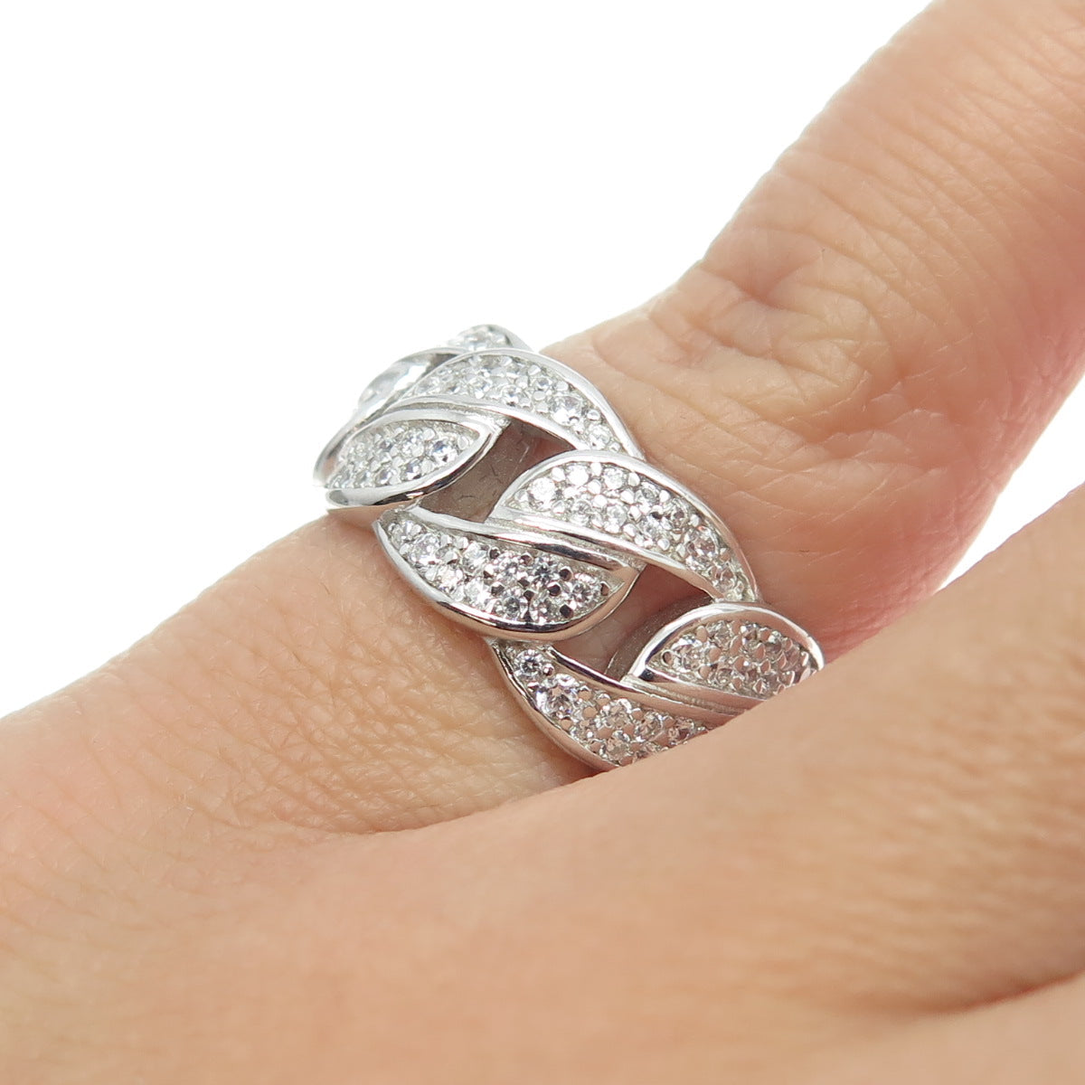 925 Sterling Silver Pave C Z Cuban Chain Band Ring Size 5.5