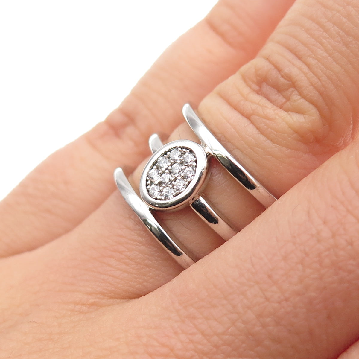 925 Sterling Silver Round-Cut C Z 3-Row Ring Size 7
