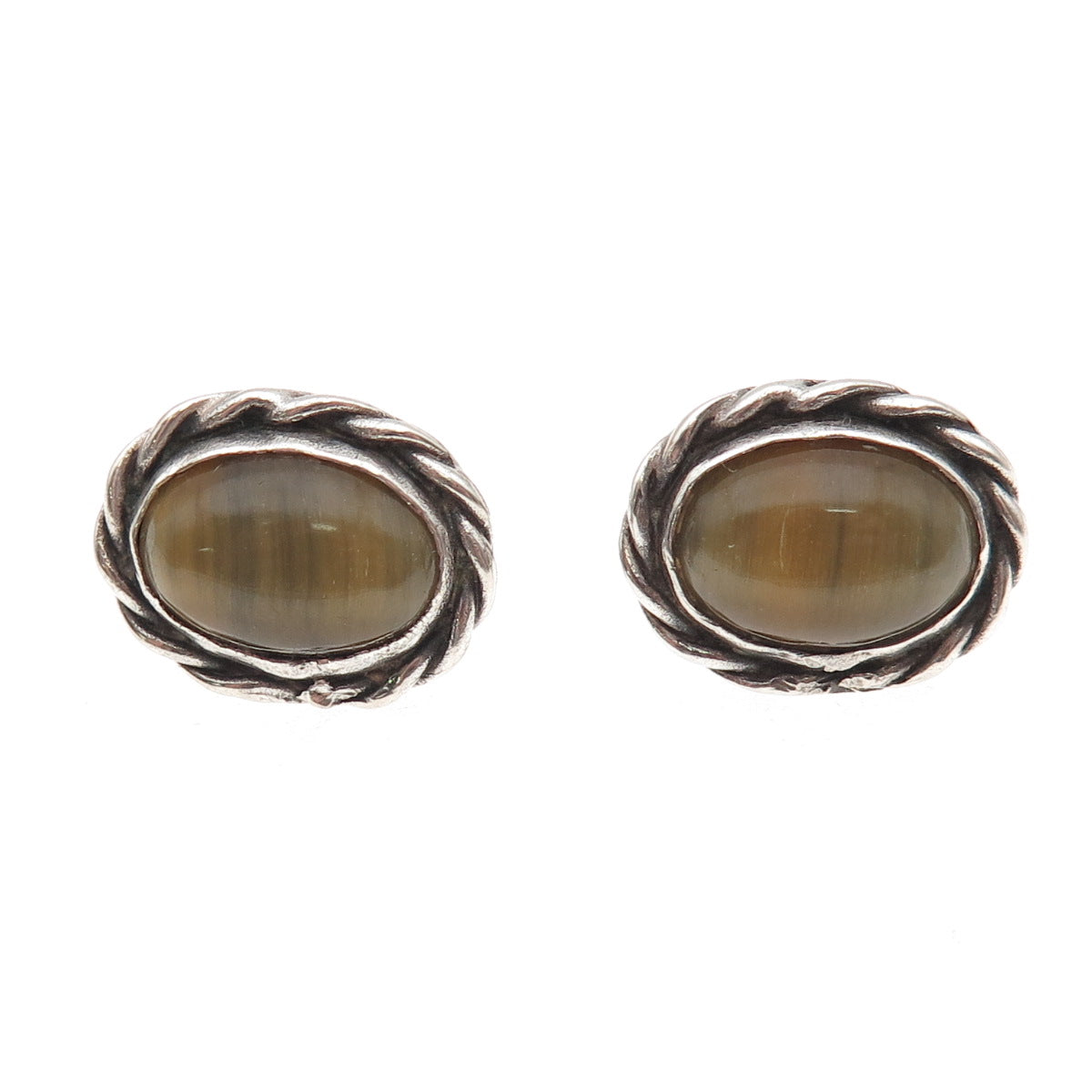 925 Sterling Silver Vintage Real Tiger Eye Oxidized Screw Back Earrings