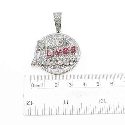 925 Sterling Silver Enamel Multi-Cut C Z Black Lives Matter Charm Pendant