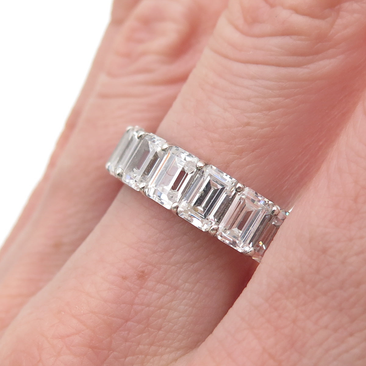 925 Sterling Silver Emerald-Cut C Z Eternity Band Ring Size 10.25