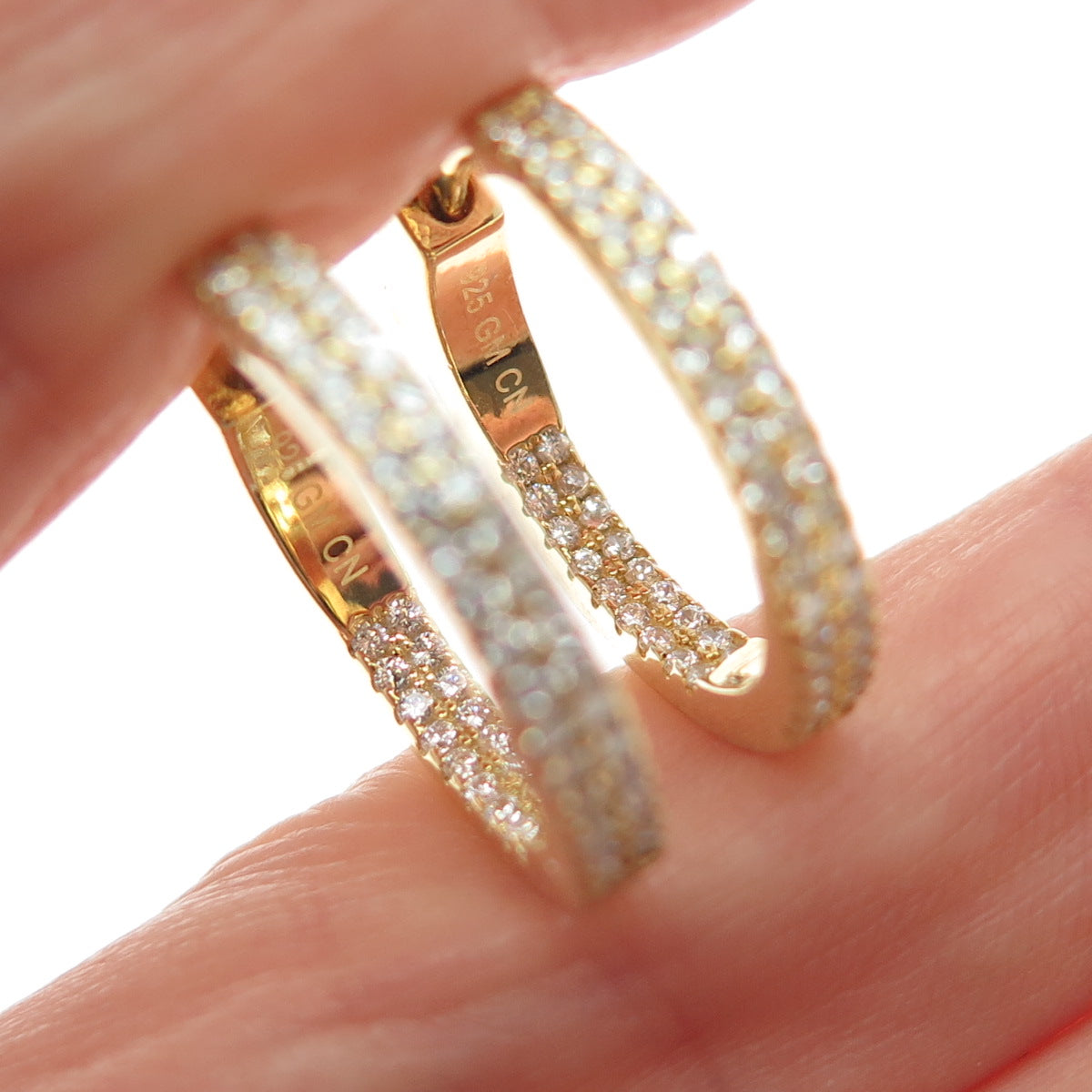925 Sterling Silver Gold Plated Round-Cut C Z In & Out Hoop Earrings