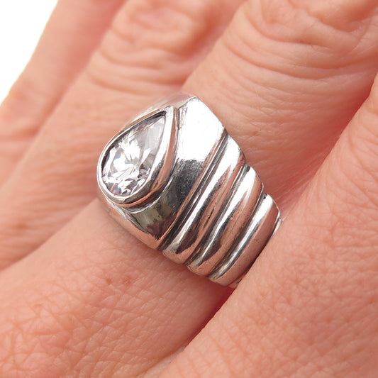 925 Sterling Silver Vintage Pear-Cut C Z Modernist Oxidized Ring Size 7.5