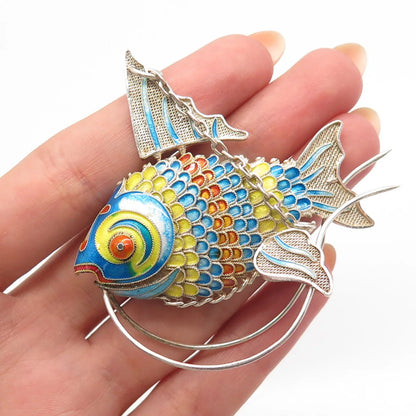 925 Sterling Silver Antique Enamel Articulated Koi Fish Chatelaine Fob Pendant