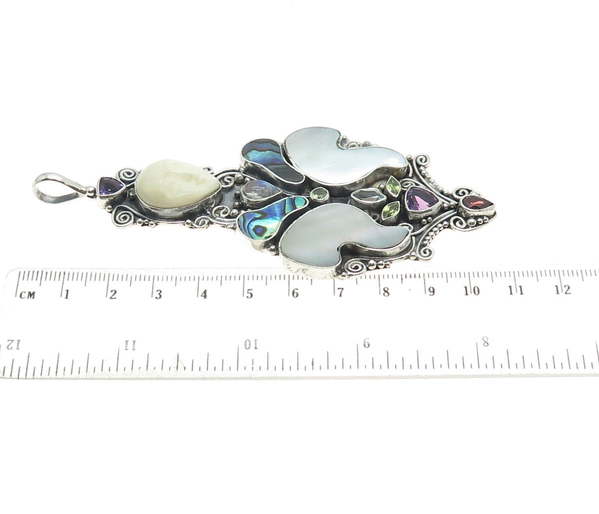 925 Sterling Silver Vintage Real Multi-Gem MOP & Abalone Shell Goddess Pendant