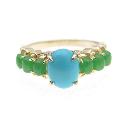 925 Sterling Silver Gold Plated Real Turquoise & Aventurine Ring Size 8.25