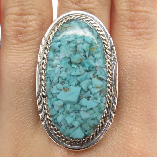 HERMAN LEE NAVAJO Old Pawn Sterling Silver Vintage Turquoise Inlay Ring Size 9.5