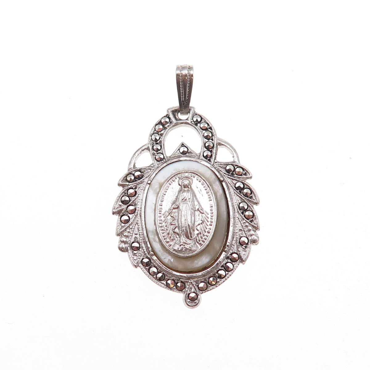 925 Sterling Silver Antique Art Deco Real MOP & Marcasite St. Mary Charm Pendant
