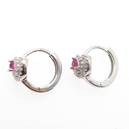 925 Sterling Silver Pink Heart-Cut & White Round-Cut Shaped C Z Hoop Earrings