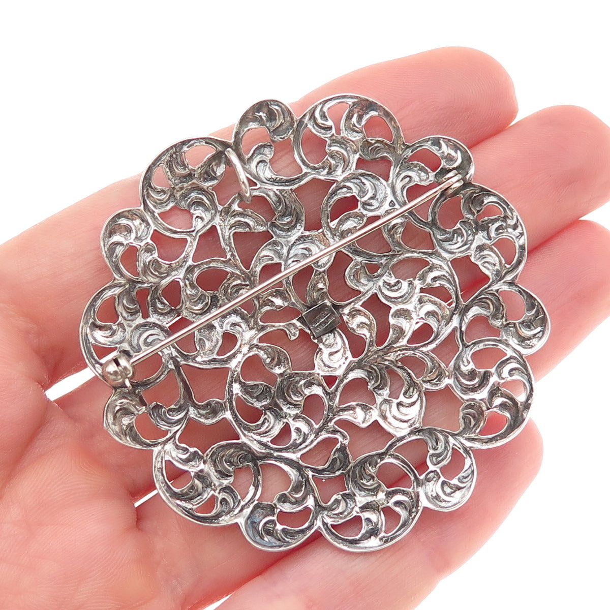 Michele 925 Sterling Silver Antique Art Deco Floral Oxidized Pin Brooch Pendant