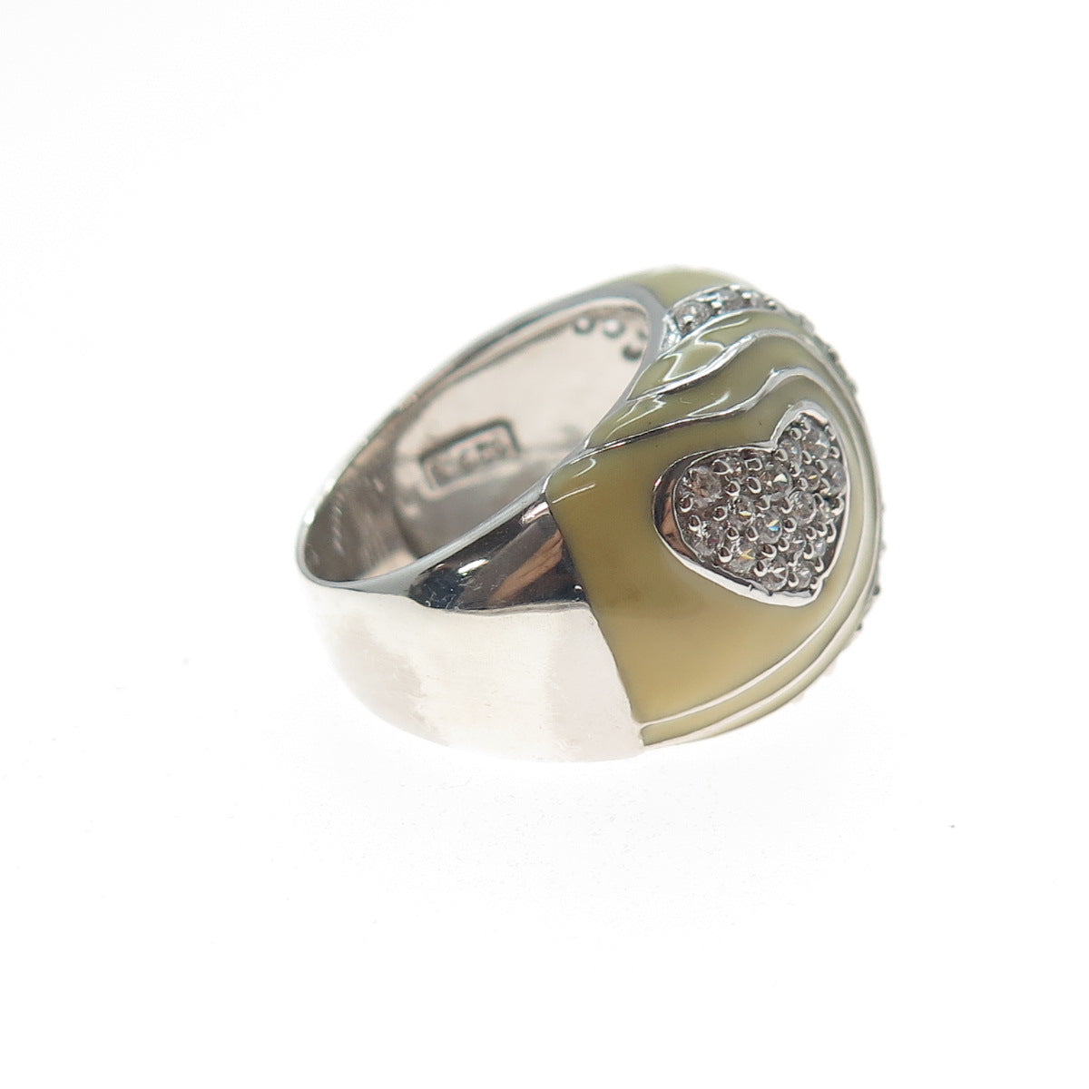 925 Sterling Silver Vintage Enamel Round-Cut C Z Heart Dome Ring Size 5