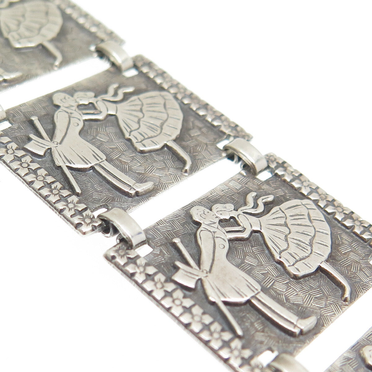 925 Sterling Silver Antique Art Deco Kissing Couple Panel Link Bracelet 7.25"