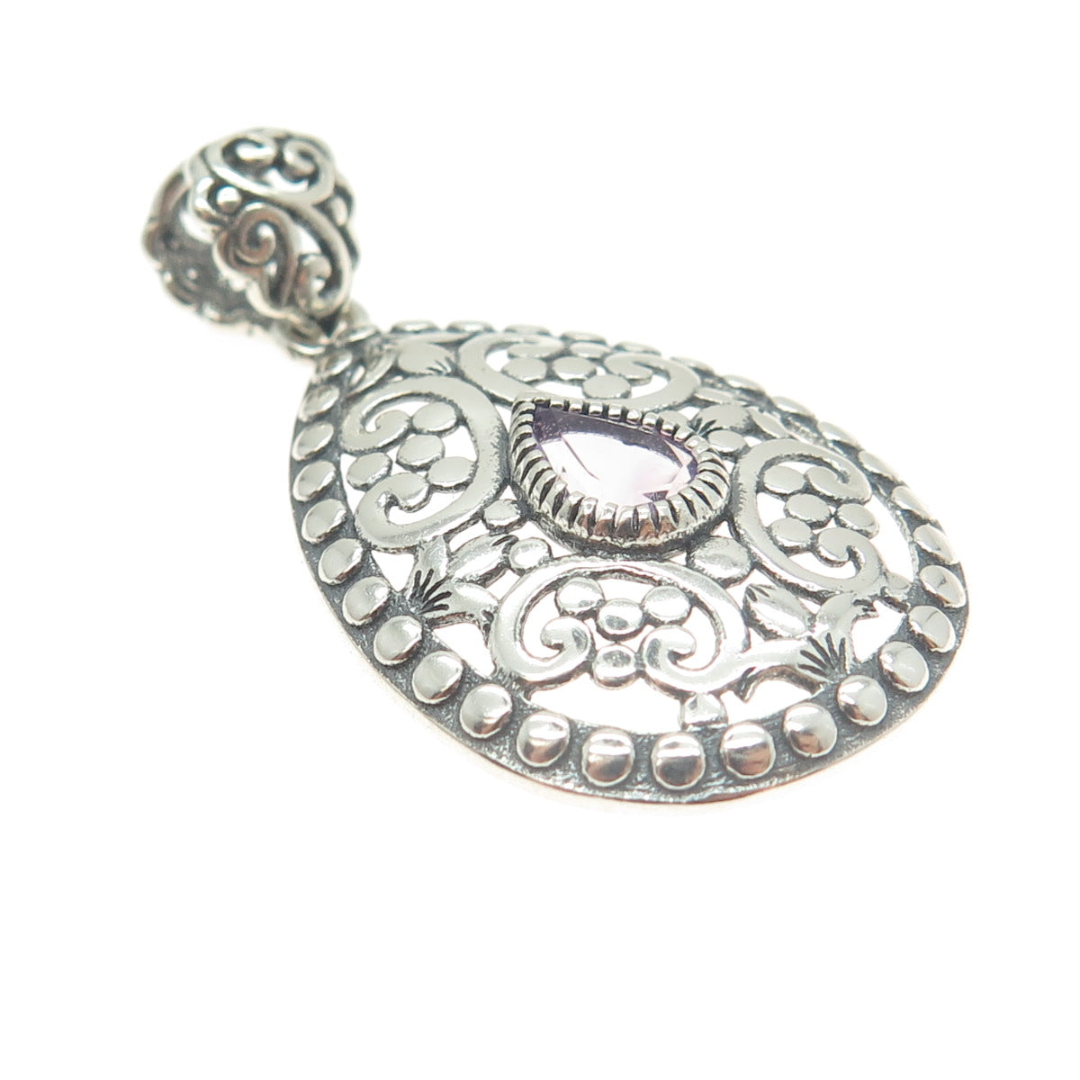 BERIA 925 Sterling Silver Pear-Cut Amethyst Ornate Teardrop Pendant