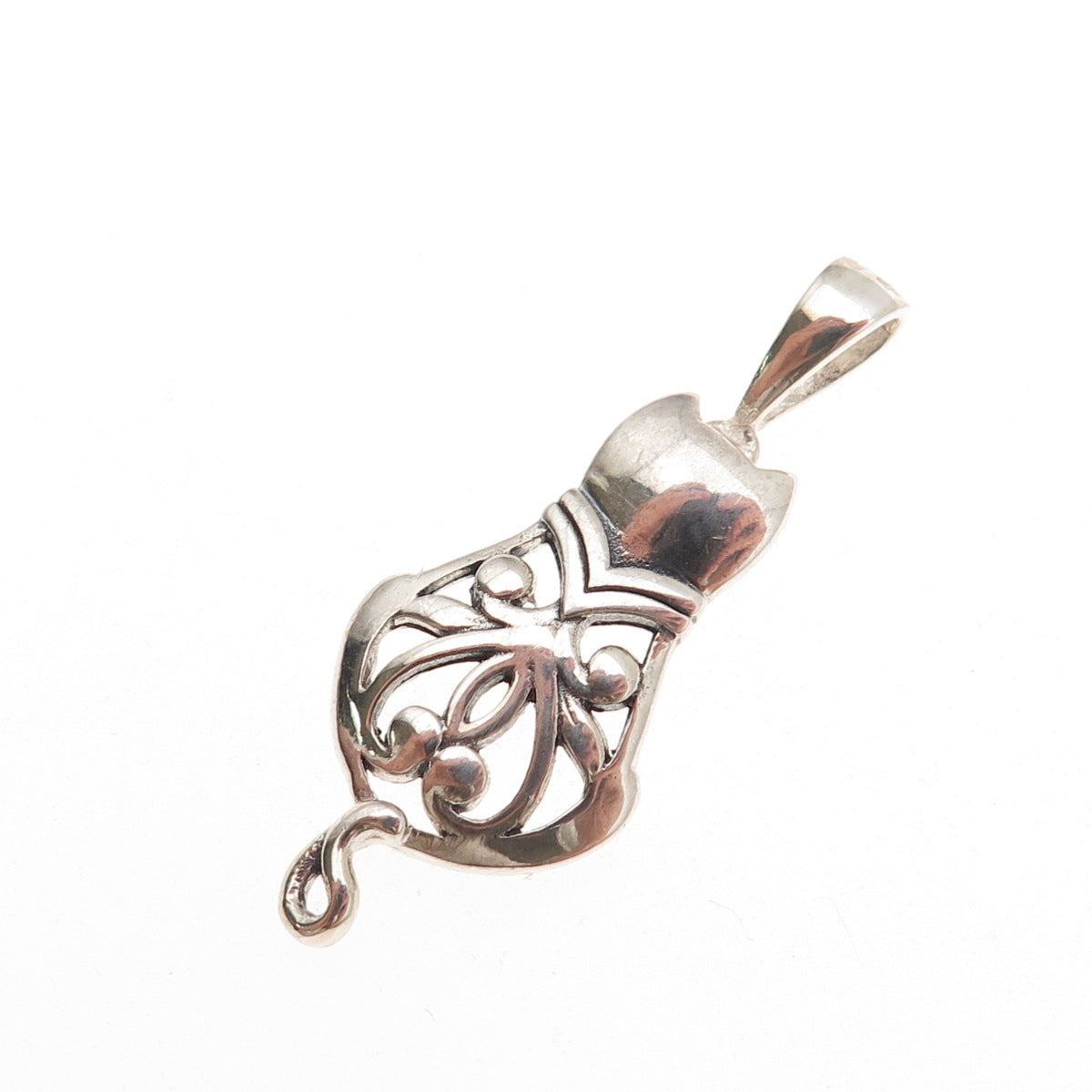 925 Sterling Silver Vintage Cat Ornate Oxidized Charm Pendant
