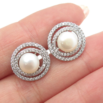 925 Sterling Silver Real Pearl & Round-Cut C Z Multi-Circle Stud Earrings