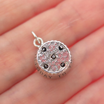 925 Sterling Antique Enamel Happy Birthday Cake Minimalist Movable Pendant