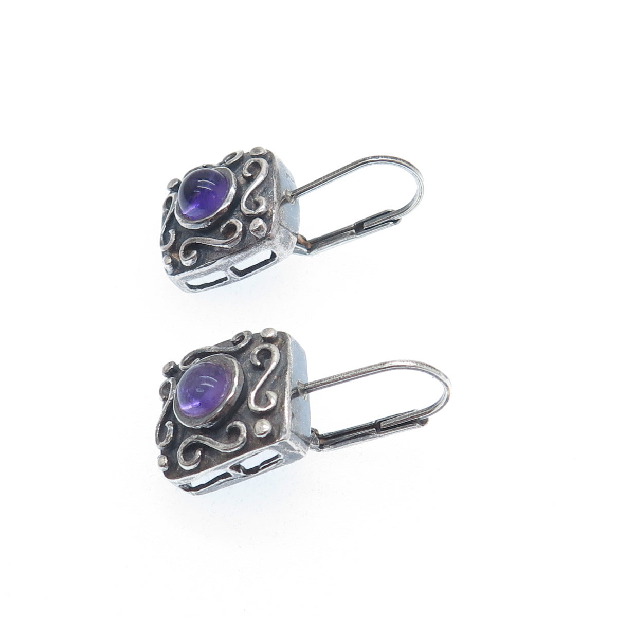 925 Sterling Silver Vintage Real Amethyst Modernist Swirl Oxidized Earrings
