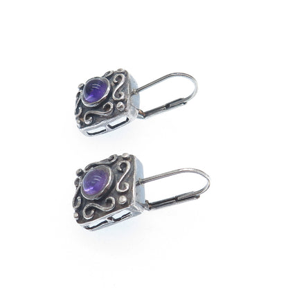 925 Sterling Silver Vintage Real Amethyst Modernist Swirl Oxidized Earrings