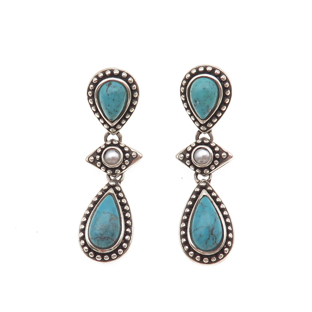 Whitney Kelly 925 Sterling Vintage Real Turquoise & Faux Pearl Dangle Earrings