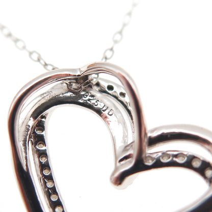 925 Sterling Silver Real Round-Cut Diamond Heart Cable Chain Necklace 20"