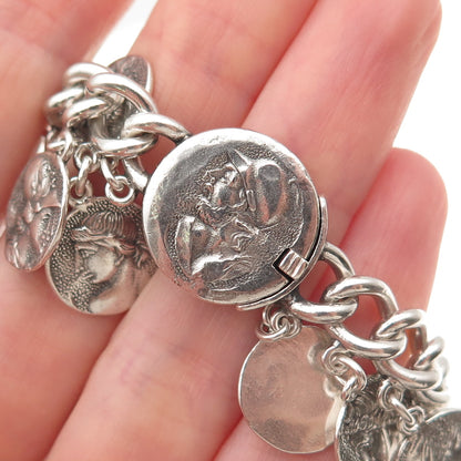 925 Sterling Silver Antique Art Deco Roman Coin Cha Cha Charm Bracelet 7" #1156