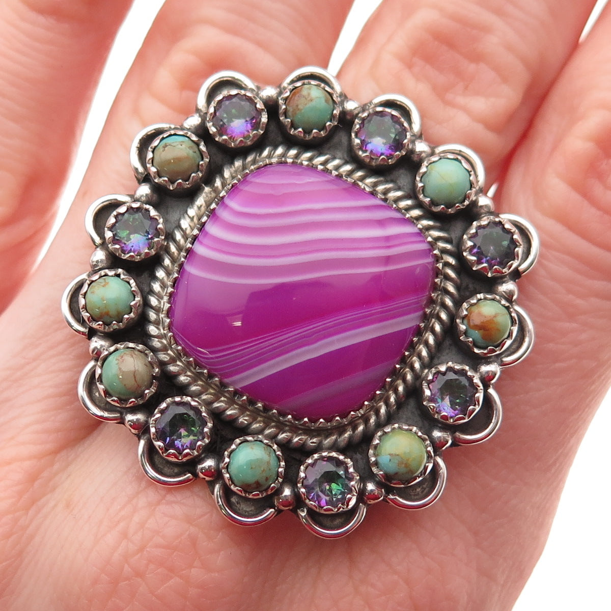 925 Sterling Silver Vintage Real Agate Turquoise & Mystic Quartz Ring Size 7.25